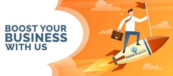 Illustration of a business person riding a rocket with the text 'Boost Your Business with Us