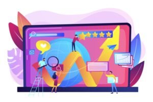 Online reputation management with people analyzing and interacting with data on a large screen