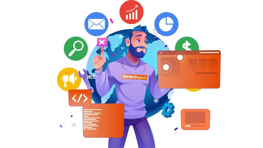 Illustration of a man surrounded by digital icons representing technology and communication.
