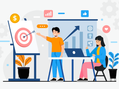 A man and a woman collaborating on business strategy, with a focus on achieving targets and showing growth.